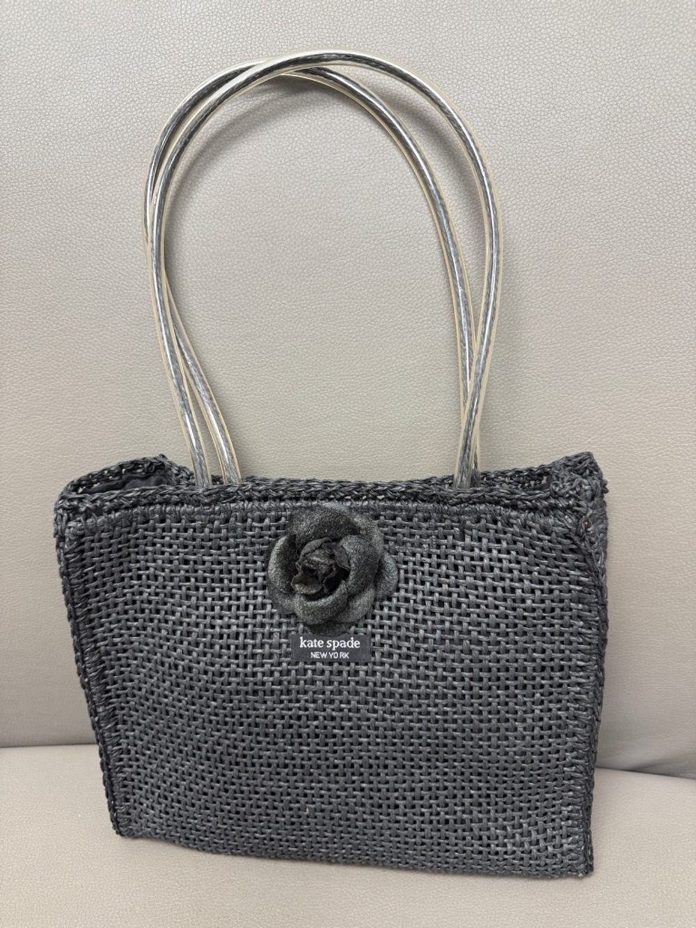 kate spade Black Woven Tote with Flower Accent